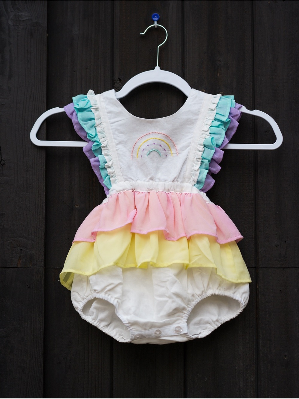 Toddler boho linen pastel embroidered rainbow bubble romper playsuit 3T